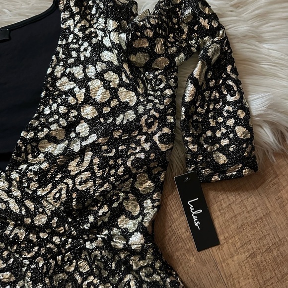 LULU’S Thrill Me Black And Gold Leopard Print Surplice Dress - Picture 3 of 4